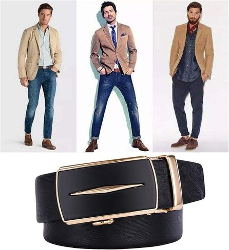 Cowhide Genuine Leather Belt – Automatic Ratchet Buckle, Gold Finish, Gift Box in Saudi Arabia