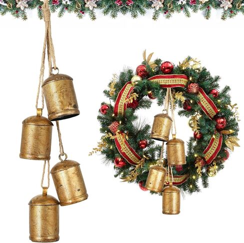 زخارف جرس البقر البقر ، 4 أجهزة كمبيوتر قرة عتيقة الذهب مع جوت معلق الحبل أجراس ديكور للباب منزل عيد الميلاد شجرة إكليل الزهور الزخارف الزخارف عيد الميلاد in Kuwait