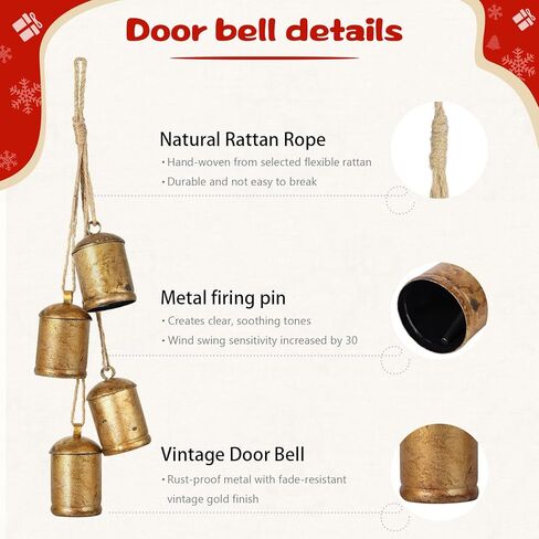 زخارف جرس البقر البقر ، 4 أجهزة كمبيوتر قرة عتيقة الذهب مع جوت معلق الحبل أجراس ديكور للباب منزل عيد الميلاد شجرة إكليل الزهور الزخارف الزخارف عيد الميلاد in Kuwait