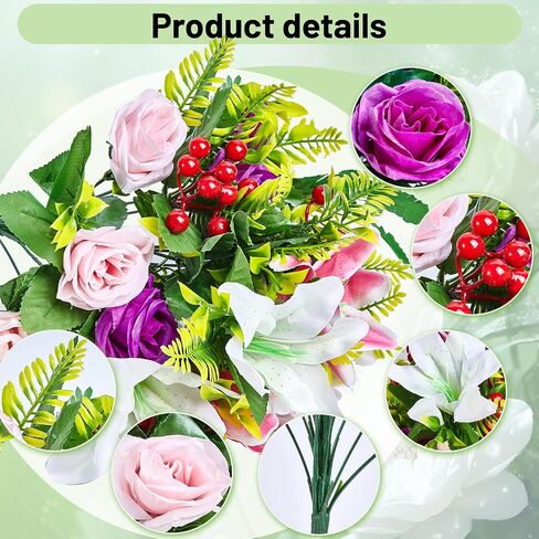Cemetery Flowers, Artificial Cemetery Flowers for Grave with Vase, Realistic Rose & Lily Bouquets, Fade-Resistant All-Weather Grave Flowers for Cemetery Headstones Decoration(Purple&White&Pink&Red) in Saudi Arabia