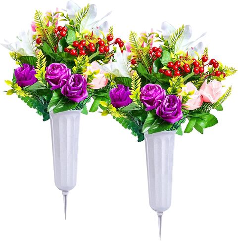 Cemetery Flowers, Artificial Cemetery Flowers for Grave with Vase, Realistic Rose & Lily Bouquets, Fade-Resistant All-Weather Grave Flowers for Cemetery Headstones Decoration(Purple&White&Pink&Red) in Saudi Arabia