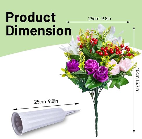 Cemetery Flowers, Artificial Cemetery Flowers for Grave with Vase, Realistic Rose & Lily Bouquets, Fade-Resistant All-Weather Grave Flowers for Cemetery Headstones Decoration(Purple&White&Pink&Red) in Saudi Arabia