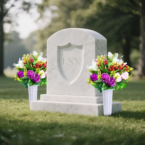 Cemetery Flowers, Artificial Cemetery Flowers for Grave with Vase, Realistic Rose & Lily Bouquets, Fade-Resistant All-Weather Grave Flowers for Cemetery Headstones Decoration(Purple&White&Pink&Red) in Saudi Arabia