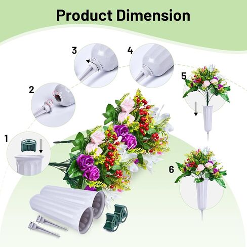 Cemetery Flowers, Artificial Cemetery Flowers for Grave with Vase, Realistic Rose & Lily Bouquets, Fade-Resistant All-Weather Grave Flowers for Cemetery Headstones Decoration(Purple&White&Pink&Red) in Saudi Arabia