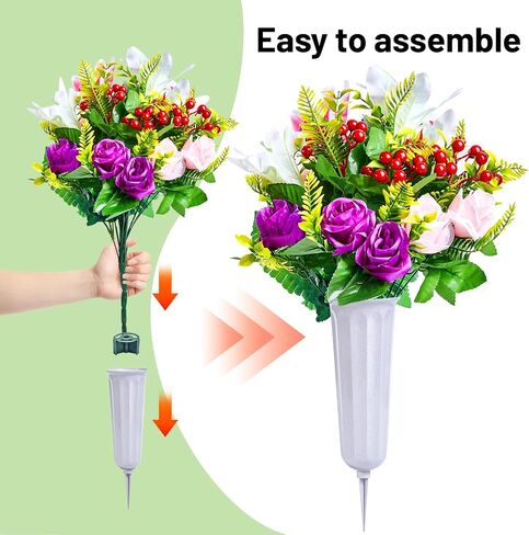 Cemetery Flowers, Artificial Cemetery Flowers for Grave with Vase, Realistic Rose & Lily Bouquets, Fade-Resistant All-Weather Grave Flowers for Cemetery Headstones Decoration(Purple&White&Pink&Red) in Saudi Arabia