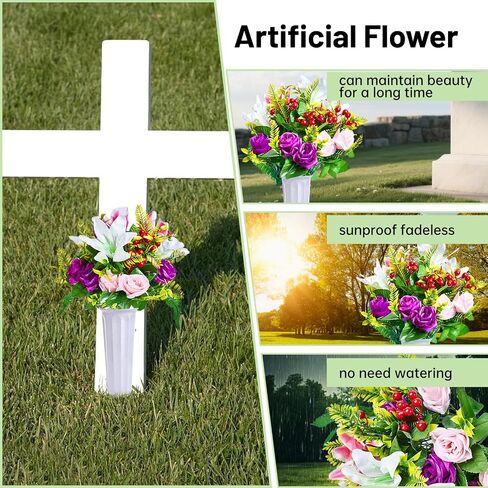 Cemetery Flowers, Artificial Cemetery Flowers for Grave with Vase, Realistic Rose & Lily Bouquets, Fade-Resistant All-Weather Grave Flowers for Cemetery Headstones Decoration(Purple&White&Pink&Red) in Saudi Arabia