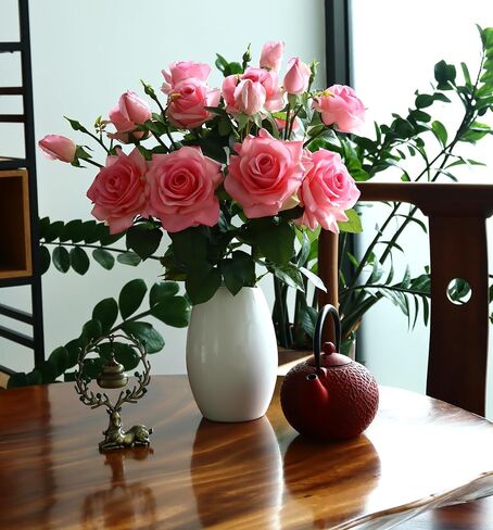 Pink Roses Artificial Flowers Indoor,Realistic Fake Flowers 5 Bouquets for Living Room Decor,Real Touch Fake Plants for Bathroom Home Kitchen Office Wedding Arch Centerpiece Table Bridal Shower Decor in Saudi Arabia