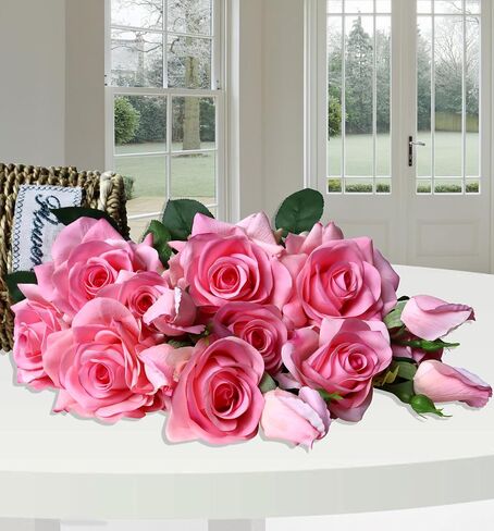 Pink Roses Artificial Flowers Indoor,Realistic Fake Flowers 5 Bouquets for Living Room Decor,Real Touch Fake Plants for Bathroom Home Kitchen Office Wedding Arch Centerpiece Table Bridal Shower Decor in Saudi Arabia