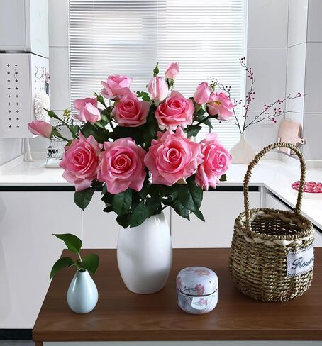 Pink Roses Artificial Flowers Indoor,Realistic Fake Flowers 5 Bouquets for Living Room Decor,Real Touch Fake Plants for Bathroom Home Kitchen Office Wedding Arch Centerpiece Table Bridal Shower Decor in Saudi Arabia