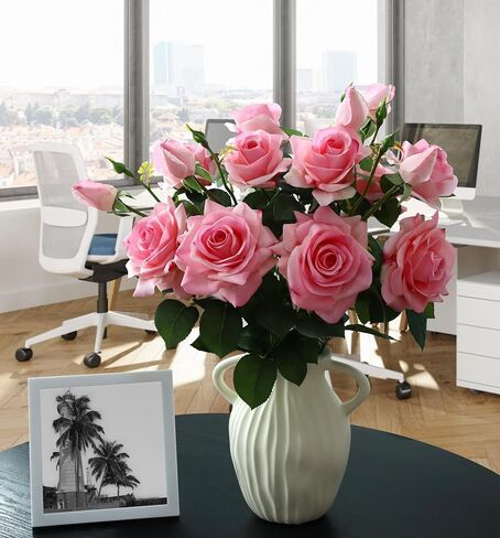 Pink Roses Artificial Flowers Indoor,Realistic Fake Flowers 5 Bouquets for Living Room Decor,Real Touch Fake Plants for Bathroom Home Kitchen Office Wedding Arch Centerpiece Table Bridal Shower Decor in Saudi Arabia