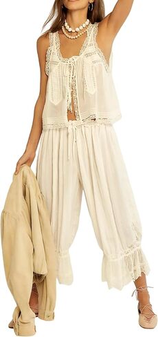 Aonoapll Women Y2k Lace Trim 2 Piece Pajama Set Tie Front Button Tank Top and Long Bloomer Pants Pj Set Loungewear in Saudi Arabia