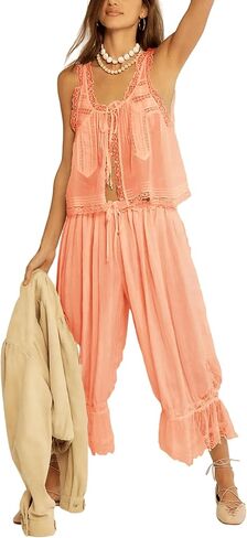 Aonoapll Women Y2k Lace Trim 2 Piece Pajama Set Tie Front Button Tank Top and Long Bloomer Pants Pj Set Loungewear in Saudi Arabia