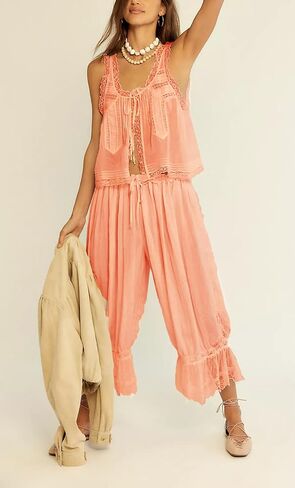 Aonoapll Women Y2k Lace Trim 2 Piece Pajama Set Tie Front Button Tank Top and Long Bloomer Pants Pj Set Loungewear in Saudi Arabia