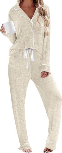 HNG Pajamas For Women Set 2 Piece Pjs Set Long Sleeve Button Up Lounge Set Sleep Wear With Pockets in Saudi Arabia