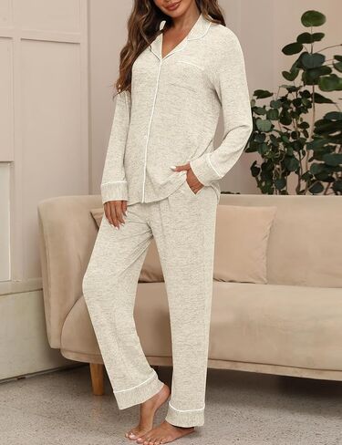 HNG Pajamas For Women Set 2 Piece Pjs Set Long Sleeve Button Up Lounge Set Sleep Wear With Pockets in Saudi Arabia