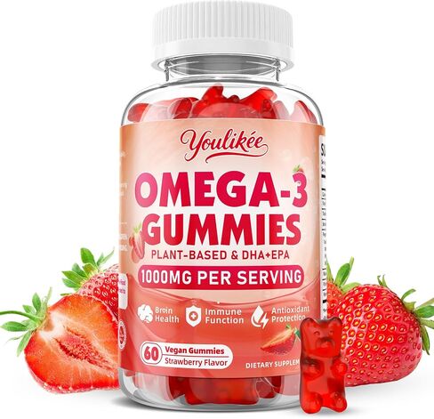 Vegan Omega-3 Gummies 1000mg, Omega 3 Fish Oil Alternative for Adults, Plant Based DHA 460mg & EPA 230mg w/Vitamin A, C, E - for Brain, Eye & Immune Health, Sugar Free, Strawberry Flavor, 60 Count in Saudi Arabia