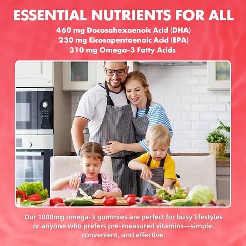 Vegan Omega-3 Gummies 1000mg, Omega 3 Fish Oil Alternative for Adults, Plant Based DHA 460mg & EPA 230mg w/Vitamin A, C, E - for Brain, Eye & Immune Health, Sugar Free, Strawberry Flavor, 60 Count in Saudi Arabia