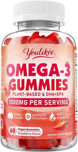Vegan Omega-3 Gummies 1000mg, Omega 3 Fish Oil Alternative for Adults, Plant Based DHA 460mg & EPA 230mg w/Vitamin A, C, E - for Brain, Eye & Immune Health, Sugar Free, Strawberry Flavor, 60 Count in Saudi Arabia