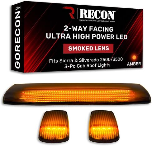 RECON - Fits 15-19 Sierra & Silverado 2500/3500 3-Piece Cab Roof Light Set 2-Way Front & Rear Facing Ultra Bright White/Amber LED Cab Roof Lights Smoked/Clear Lens (WHITE LED, CLEAR LENS) in Saudi Arabia