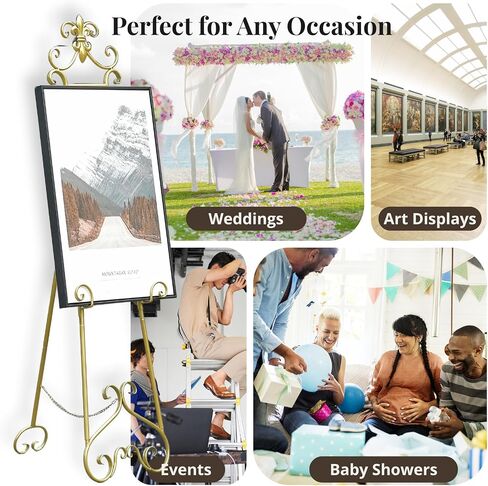 6 "6" G Gold Easel Stand for Sign ، شاشة معدنية كبيرة قابلة للتعديل تقف لعرض صور ملصق زفاف الصور التي تعرض مع دعم السلسلة in Kuwait