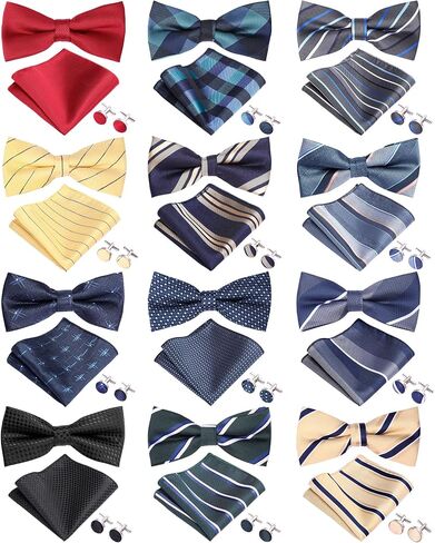12 Sets Pre-tied Bow Tie and Pocket Wedding Square Cuff Links Sets for Men Groomsmen Classic Formal Tuxedo Bowtie for Party Halloween Christmas Birthday Gifts in Saudi Arabia