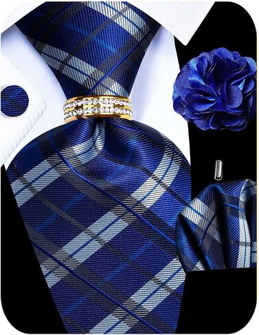 5pcs mens tie premium silk ، مربع جيب ، أزرار أكمام ، حلقة التعادل المحفورة ودبوس البصفعة لحفل العريس حفل الزفاف in Kuwait