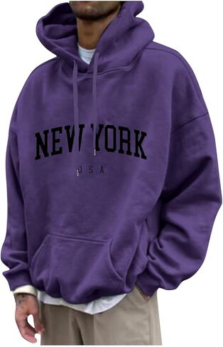 Mens Sweatshirt 2024 Casual Cotton Hooded Collar Drawstring Hoodie Letter Print Long Sleeve Warm Pullover with Pocket in Saudi Arabia
