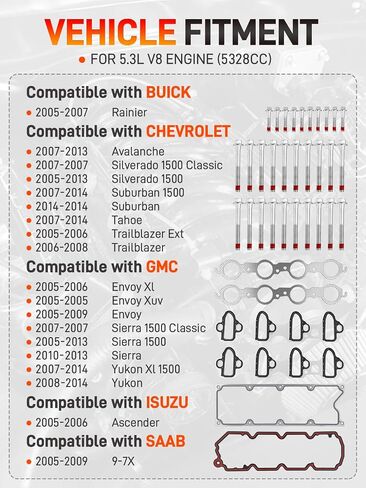 5.3 AFM DOD Lifters Respons Kit مع HS26191PT HEAD GASKETS & ES72220 HEAD BOLTS TET متوافقة مع 2007-2013 CHEVROLET CHEVY GMC BUICK ISUZU SAAB 5.3L استبدال AFM10448 12680871 12698945 12595365 in Kuwait
