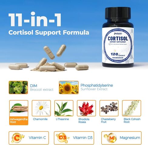 مكملات الكورتيزول 11 في 1 للنساء والرجال ، مخفض الكورتيزول والسموم مع المغنيسيوم ، أشواغاندا و L-theanine ، من أجل المزاج ، التركيز ، دعم النوم ، 120 كبسولة in Kuwait