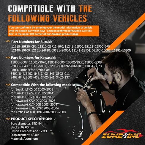 94mm 434cc Big Bore LTZ400 Cylinder Cylinder Casket Top Rebuild Kit Presentive for Suzuki LTZ400 for Arctic Cat 400 DVX لـ Kawasaki KFX400 KLX400R KLX400SR ARCTIC Cat 400 in Kuwait