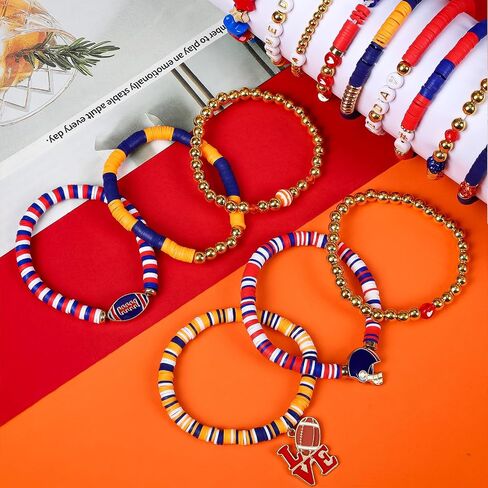 Game Day Bracelets for Women - Red, Orange, Blue Heishi Clay Beaded Stretch Bracelets - Stackable Sports Charm Bracelet Bangles in Saudi Arabia