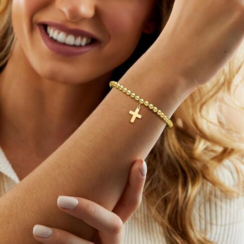 مجموعة نقية من روس سايمونز الإيطالية 5MM 18KT الذهب فيرميل حبة سوار امتداد مع سحر متقاطع in Saudi Arabia