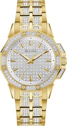 Bulova Ladies' Crystal Octava Gold Stainless Steel 3-Hand Quartz Watch, Crystal Bezel and Dial Style: 98L302 in Saudi Arabia