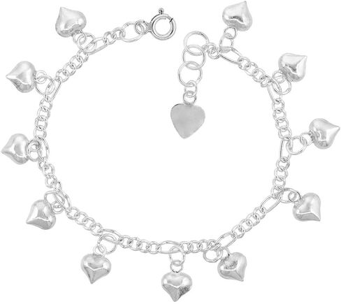 Sterling Silver Dangling Puffy Hearts Charm Bracelet for Women 15mm drop fits 7-8 inch wrists in Saudi Arabia