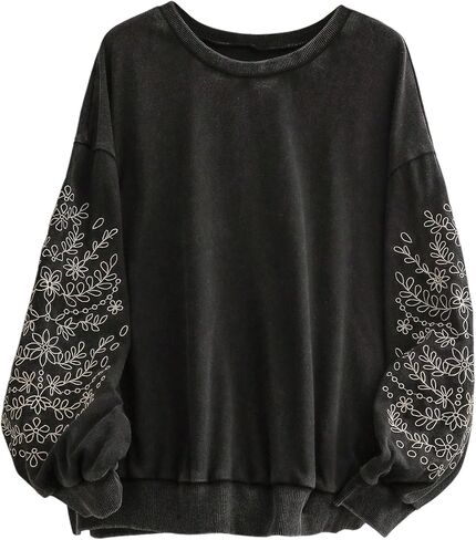 Women's Plus Size Floral Embroidered Sweatshirt Long Sleeve Crewneck Casual Pullover Tops in Saudi Arabia