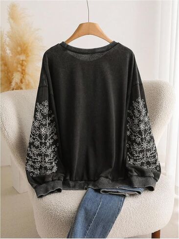 Women's Plus Size Floral Embroidered Sweatshirt Long Sleeve Crewneck Casual Pullover Tops in Saudi Arabia