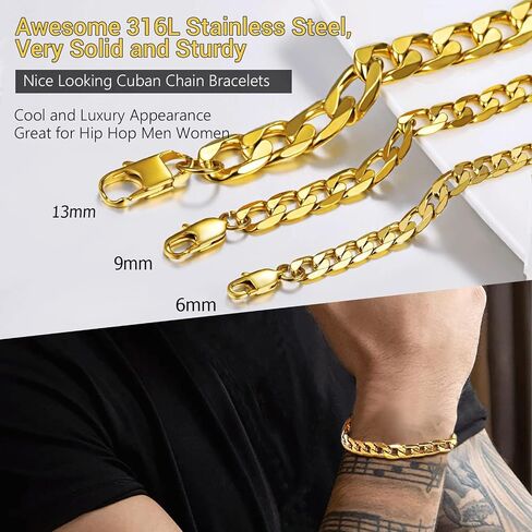 PROSTEEL 316L Stainless Steel Bracelet For Men, Stylish Figaro Chain, Hypoallergenic Jewelry, Black/Gold/Silver Tone, W:6mm-13mm, L:7.5"/8.3", Come with Box in Saudi Arabia