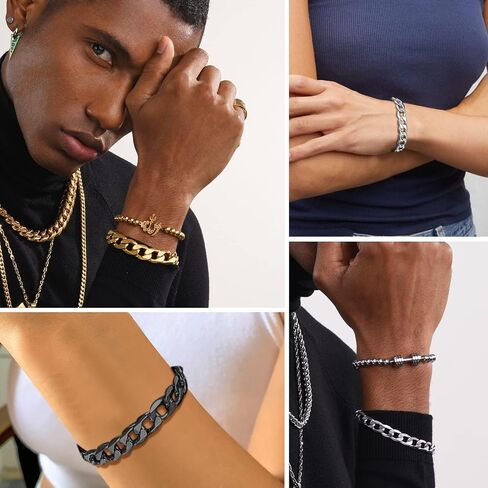 PROSTEEL 316L Stainless Steel Bracelet For Men, Stylish Figaro Chain, Hypoallergenic Jewelry, Black/Gold/Silver Tone, W:6mm-13mm, L:7.5"/8.3", Come with Box in Saudi Arabia