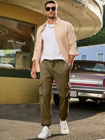 JMIERR Mens Cargo Pants Casual Lightweight Elastic Waist Drawstring Tapered Pant with Pockets in Saudi Arabia