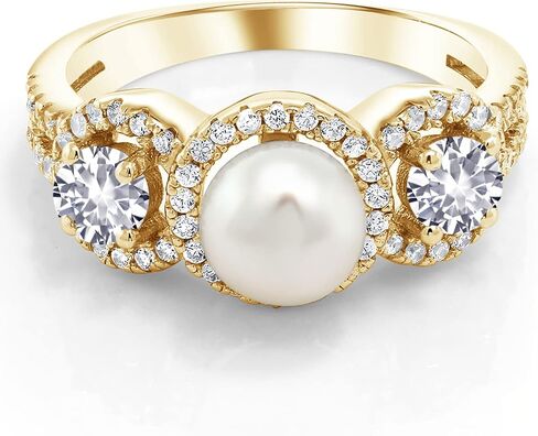 Gem Stone King Cultured Freshwater Pearl and Gemstone Birthstone Ring for Women | 18K Yellow Gold Plated Silver | Round 4MM | Wedding Engagement Anniversary Promise Ring | Available In Size 5-9 in Kuwait