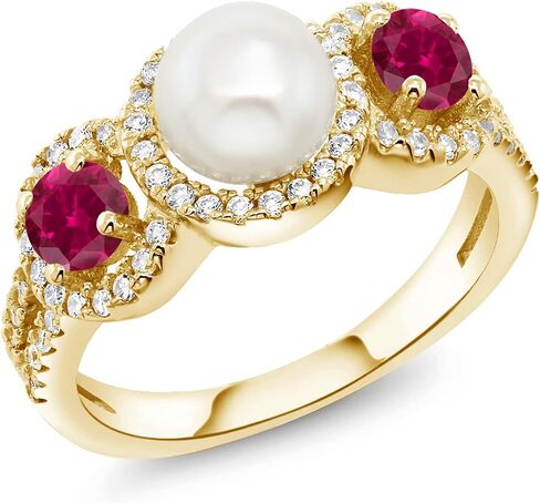 Gem Stone King Cultured Freshwater Pearl and Gemstone Birthstone Ring for Women | 18K Yellow Gold Plated Silver | Round 4MM | Wedding Engagement Anniversary Promise Ring | Available In Size 5-9 in Kuwait