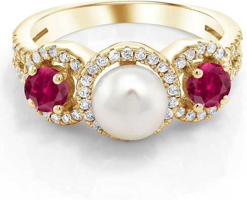 Gem Stone King Cultured Freshwater Pearl and Gemstone Birthstone Ring for Women | 18K Yellow Gold Plated Silver | Round 4MM | Wedding Engagement Anniversary Promise Ring | Available In Size 5-9 in Kuwait