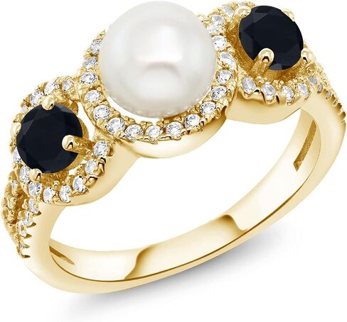 Gem Stone King Cultured Freshwater Pearl and Gemstone Birthstone Ring for Women | 18K Yellow Gold Plated Silver | Round 4MM | Wedding Engagement Anniversary Promise Ring | Available In Size 5-9 in Kuwait