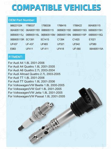 Set Of 4 UF411 Ignition Coil Pack & Iridium Spark Plugs (1.8L 2.7L) 2000-2006 For Audi A4 A6 Allroad TT Quattro, For Volkswagen/VW Beetle Jetta Passat, Replace # 06B905115R UF580 UF437 in Saudi Arabia