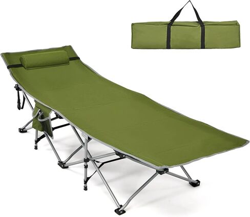 Goplus Folding Camping Cot, 27.5" Sleeping Cot for Adults with Carry Bag, 600LBS Weight Capacity, Slanted Head, Side Pocket, Heavy Duty Portable Camping Bed for Kids, Beach, Office Snap (Green) in Kuwait