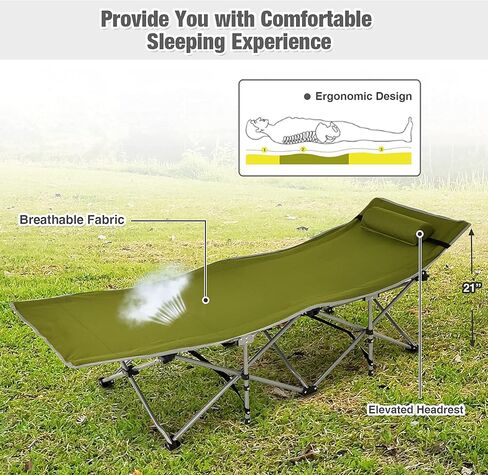 Goplus Folding Camping Cot, 27.5" Sleeping Cot for Adults with Carry Bag, 600LBS Weight Capacity, Slanted Head, Side Pocket, Heavy Duty Portable Camping Bed for Kids, Beach, Office Snap (Green) in Kuwait