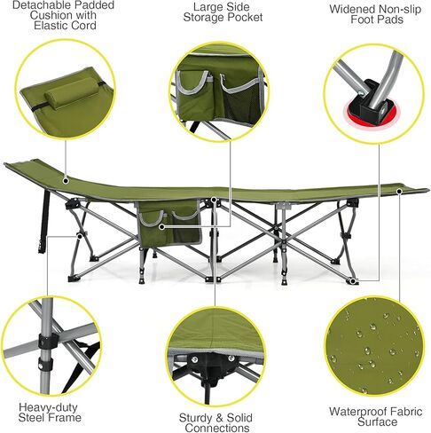 Goplus Folding Camping Cot, 27.5" Sleeping Cot for Adults with Carry Bag, 600LBS Weight Capacity, Slanted Head, Side Pocket, Heavy Duty Portable Camping Bed for Kids, Beach, Office Snap (Green) in Kuwait