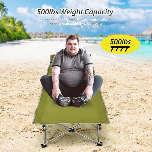 Goplus Folding Camping Cot, 27.5" Sleeping Cot for Adults with Carry Bag, 600LBS Weight Capacity, Slanted Head, Side Pocket, Heavy Duty Portable Camping Bed for Kids, Beach, Office Snap (Green) in Kuwait