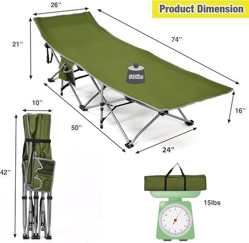 Goplus Folding Camping Cot, 27.5" Sleeping Cot for Adults with Carry Bag, 600LBS Weight Capacity, Slanted Head, Side Pocket, Heavy Duty Portable Camping Bed for Kids, Beach, Office Snap (Green) in Kuwait