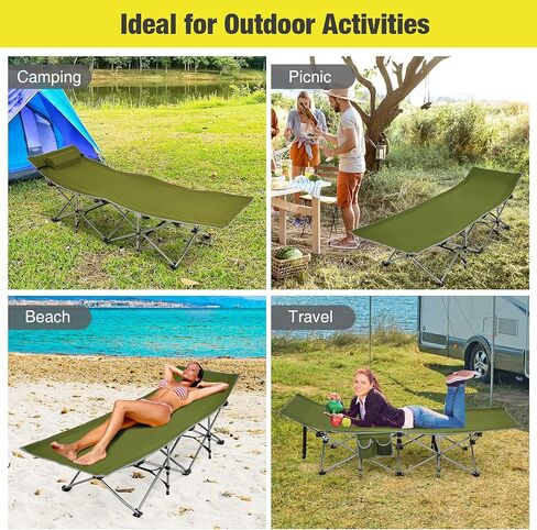 Goplus Folding Camping Cot, 27.5" Sleeping Cot for Adults with Carry Bag, 600LBS Weight Capacity, Slanted Head, Side Pocket, Heavy Duty Portable Camping Bed for Kids, Beach, Office Snap (Green) in Kuwait